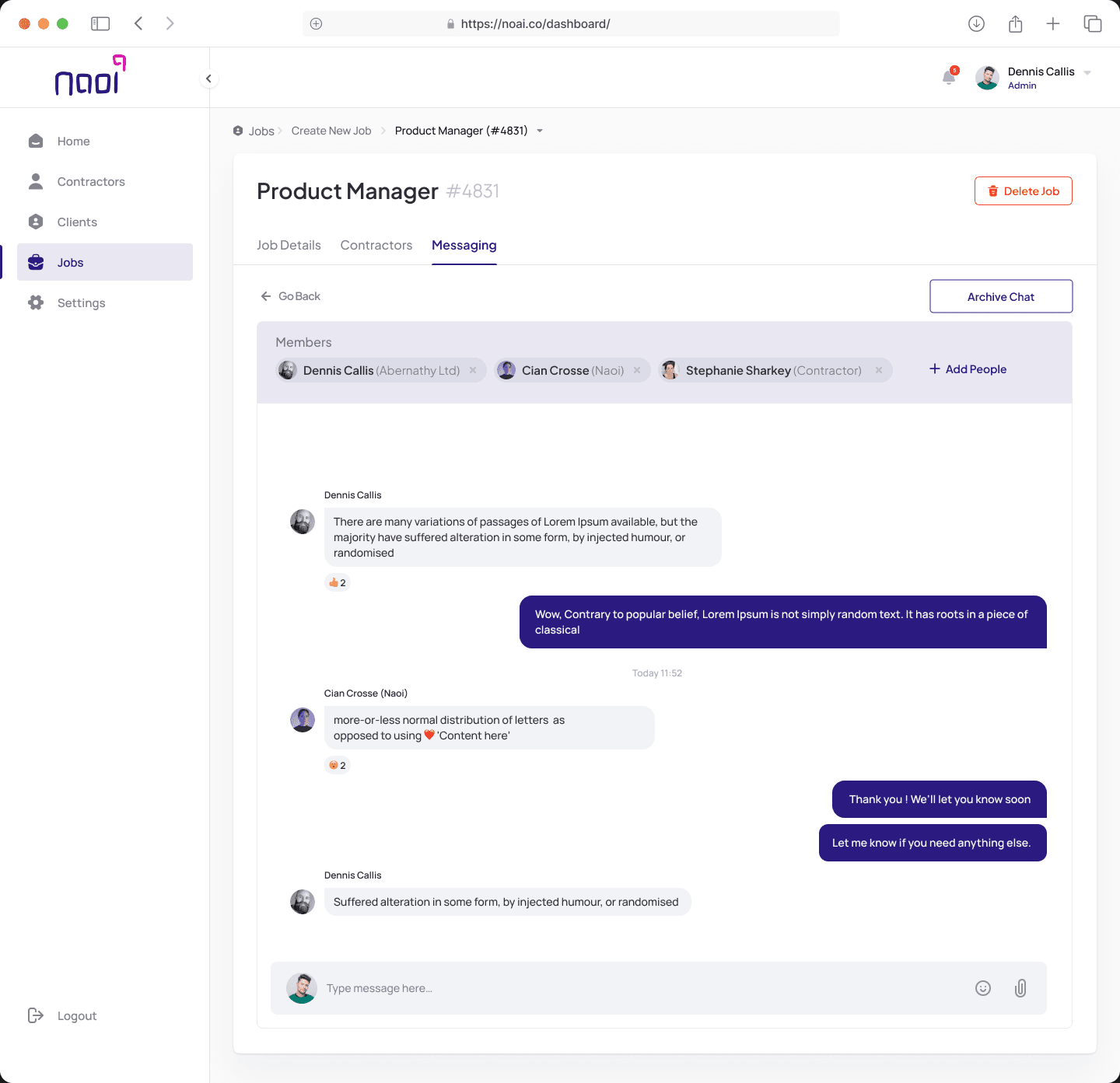 Naoi job messaging tab with members from the client, Naoi and the contractor, and their conversation