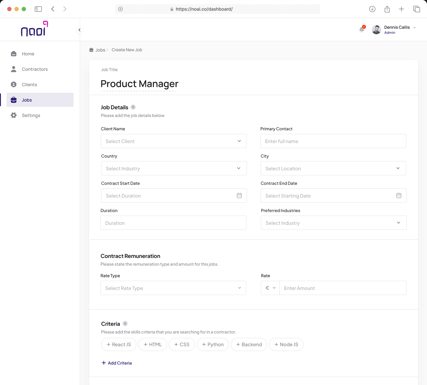 Naoi create job form with job details, remuneration and skill criteria