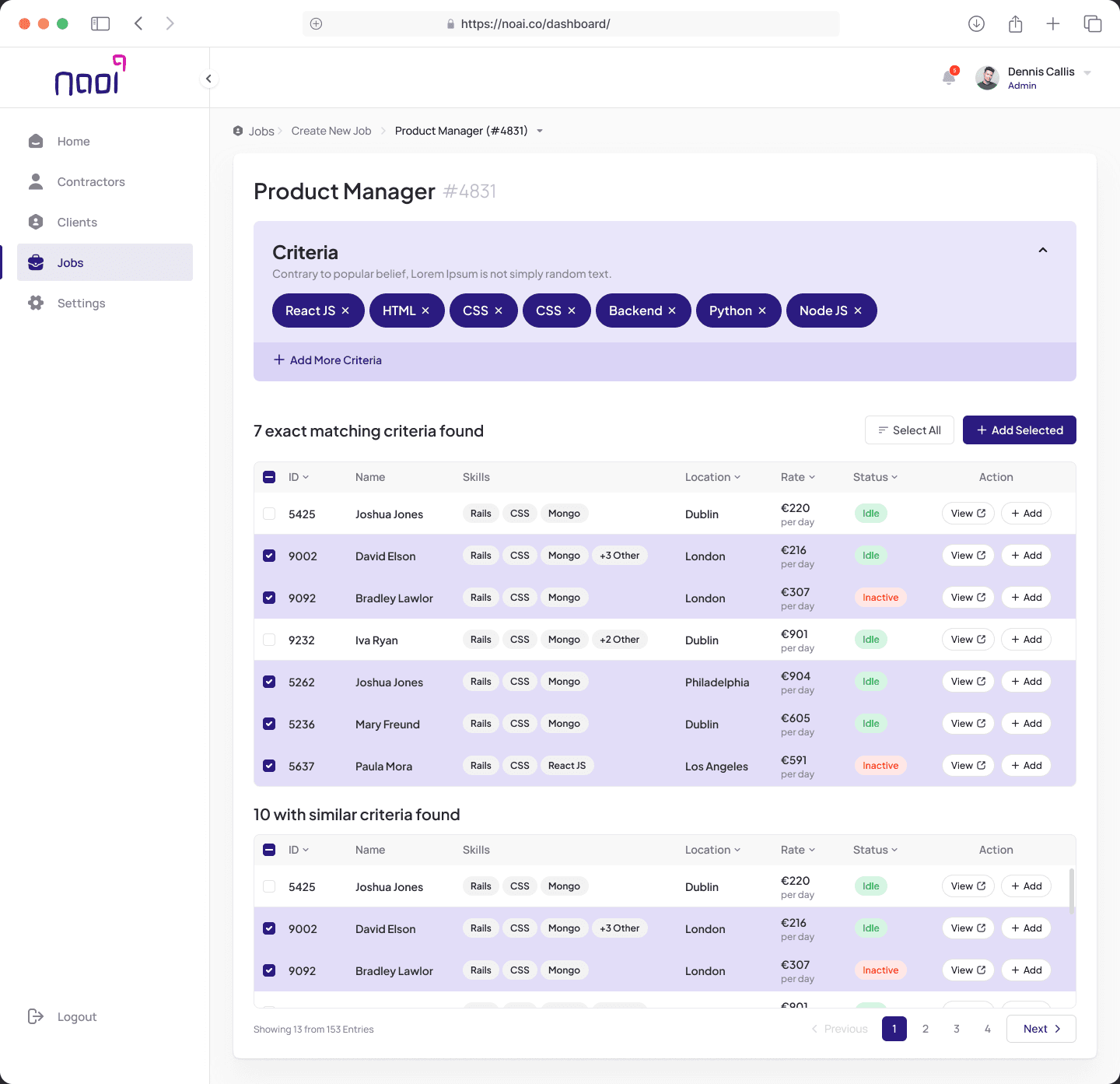 Naoi admin portal matching contractors to a job's criteria