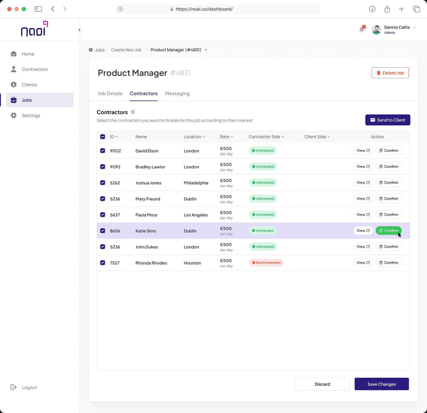 Naoi job contractors tab where the company confirms interested contractors and sends them to the client
